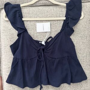 La Hearts Blue Ruffled Crop Blouse